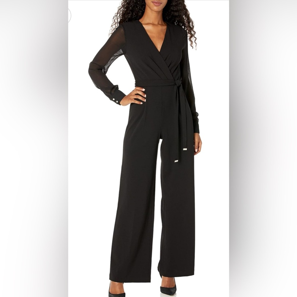 Women's Long-Chiffon-Sleeve Scuba Crepe Jumpsuit Color: Black size12